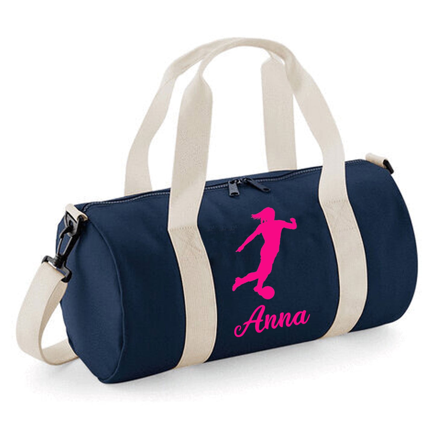 Personalised Female Footballer Barrel Bag with Girls Name
