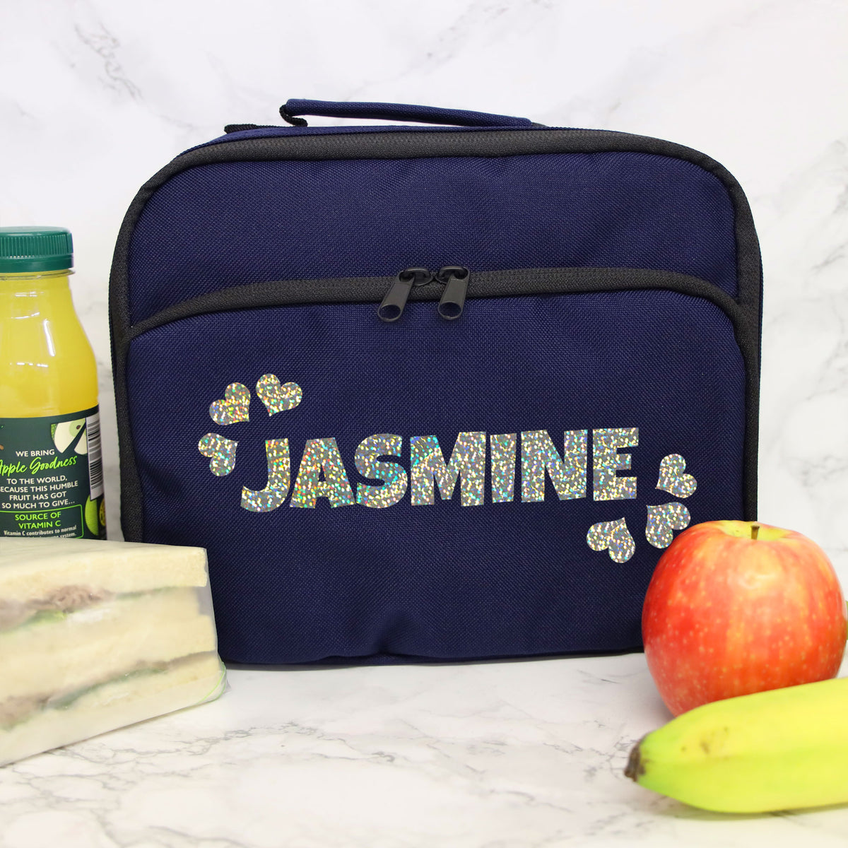 Personalised Lunch Bag with Name & Hearts Childs School Lunch Box - Always Looking Good - Navy