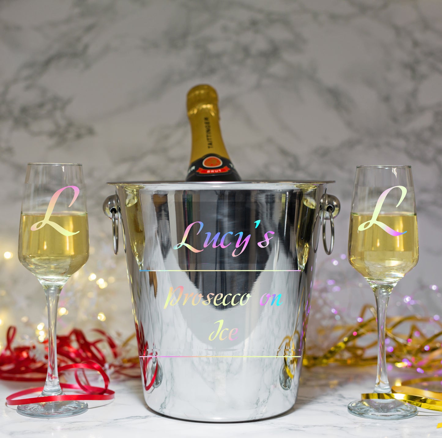 Personalised Drinks on Ice Bucket With matching Champagne or Beer Glasses - Always Looking Good - Ice Bucket With Champagne Glasses