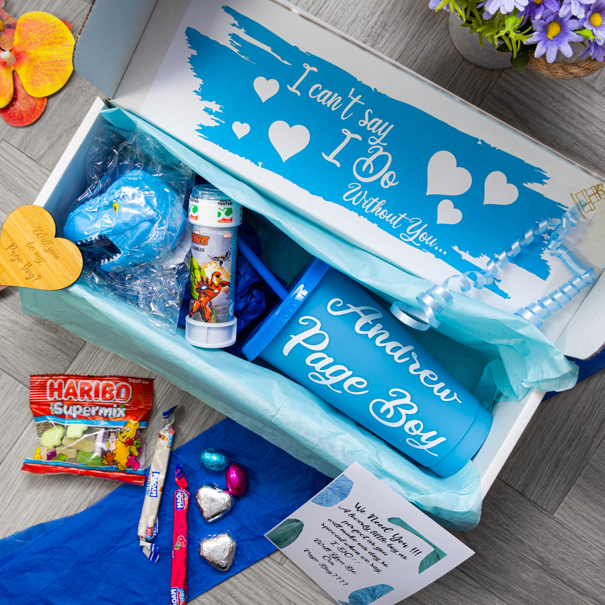 Page Boy Proposal Gift Box – Personalised Blue Juice Cup & Keepsake
