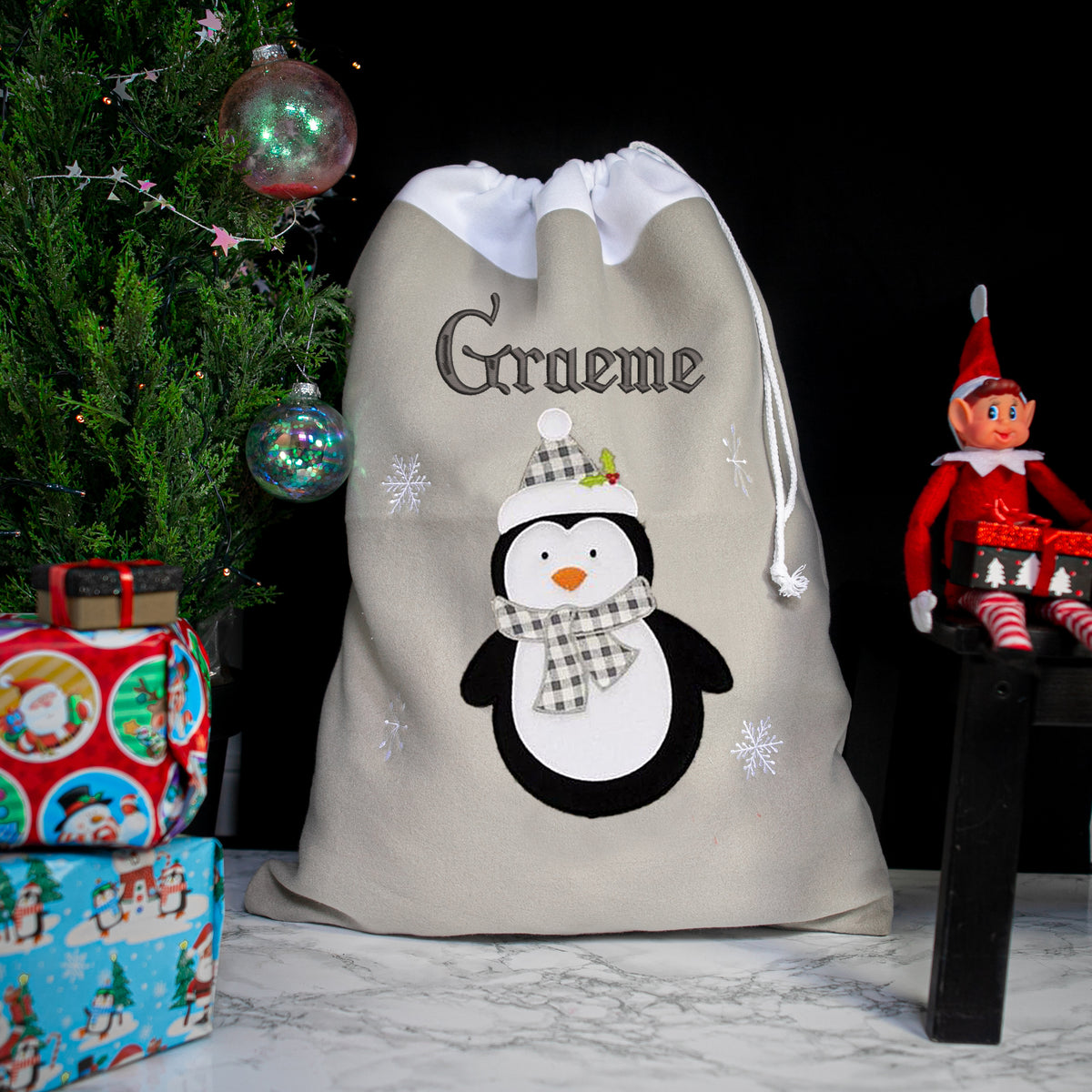 Personalised Embroidered Large Grey Christmas Design Sack - Always Looking Good - Penguin