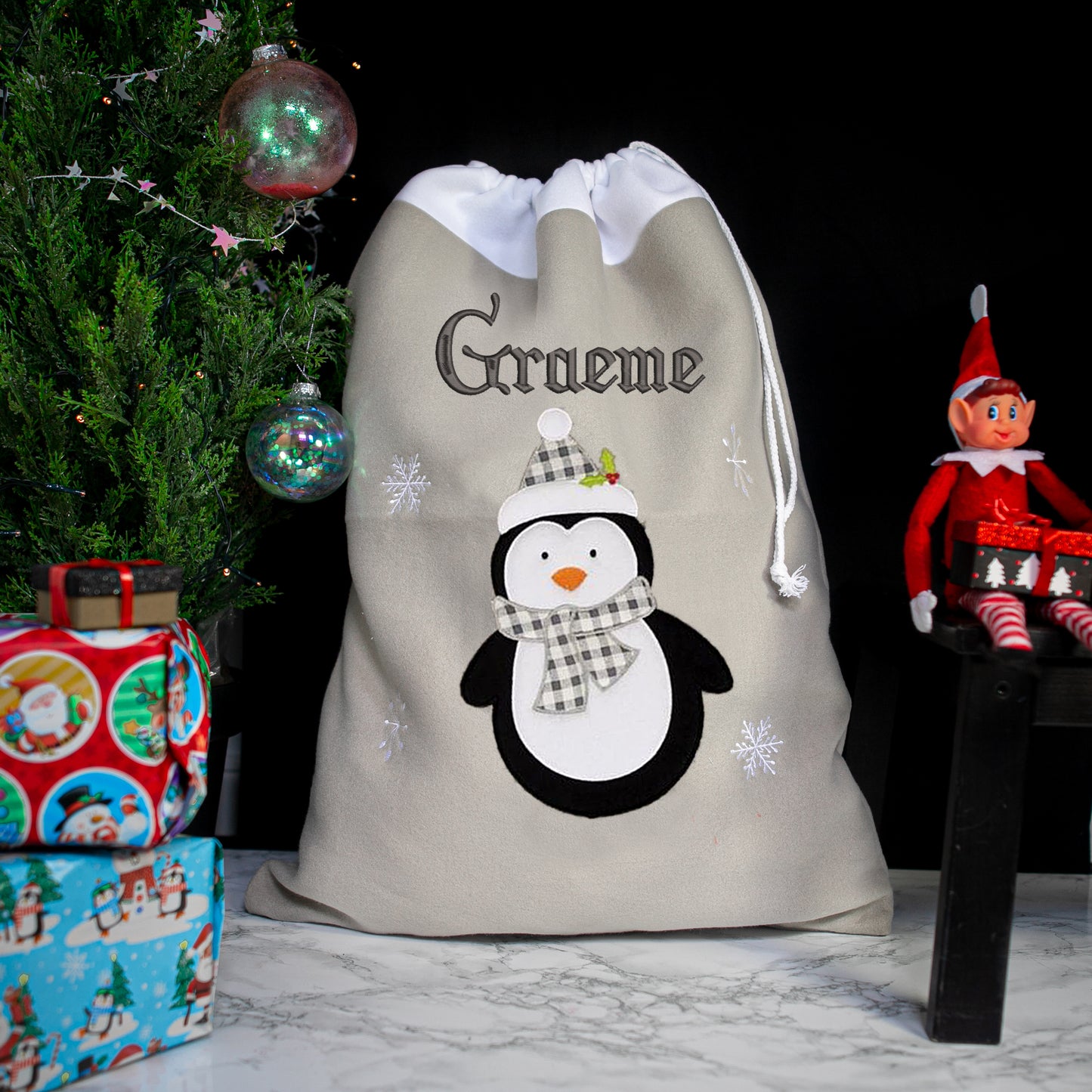 Personalised Embroidered Large Grey Christmas Design Sack - Always Looking Good - Penguin