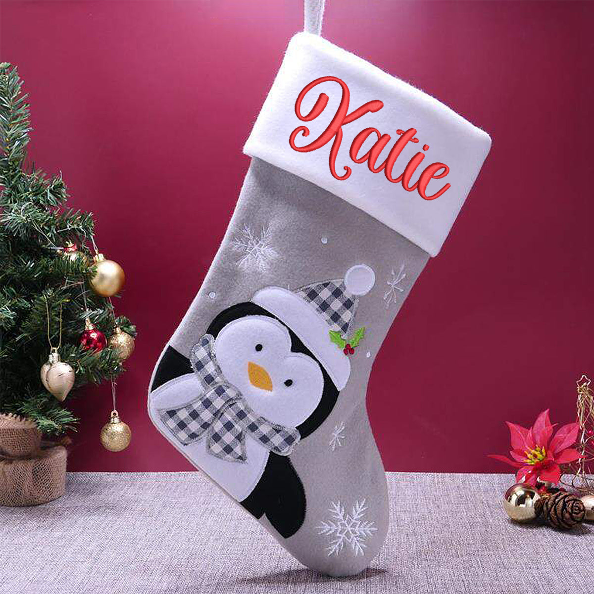 Personalised Embroidered Grey Christmas Santa Stocking with Name - Always Looking Good -