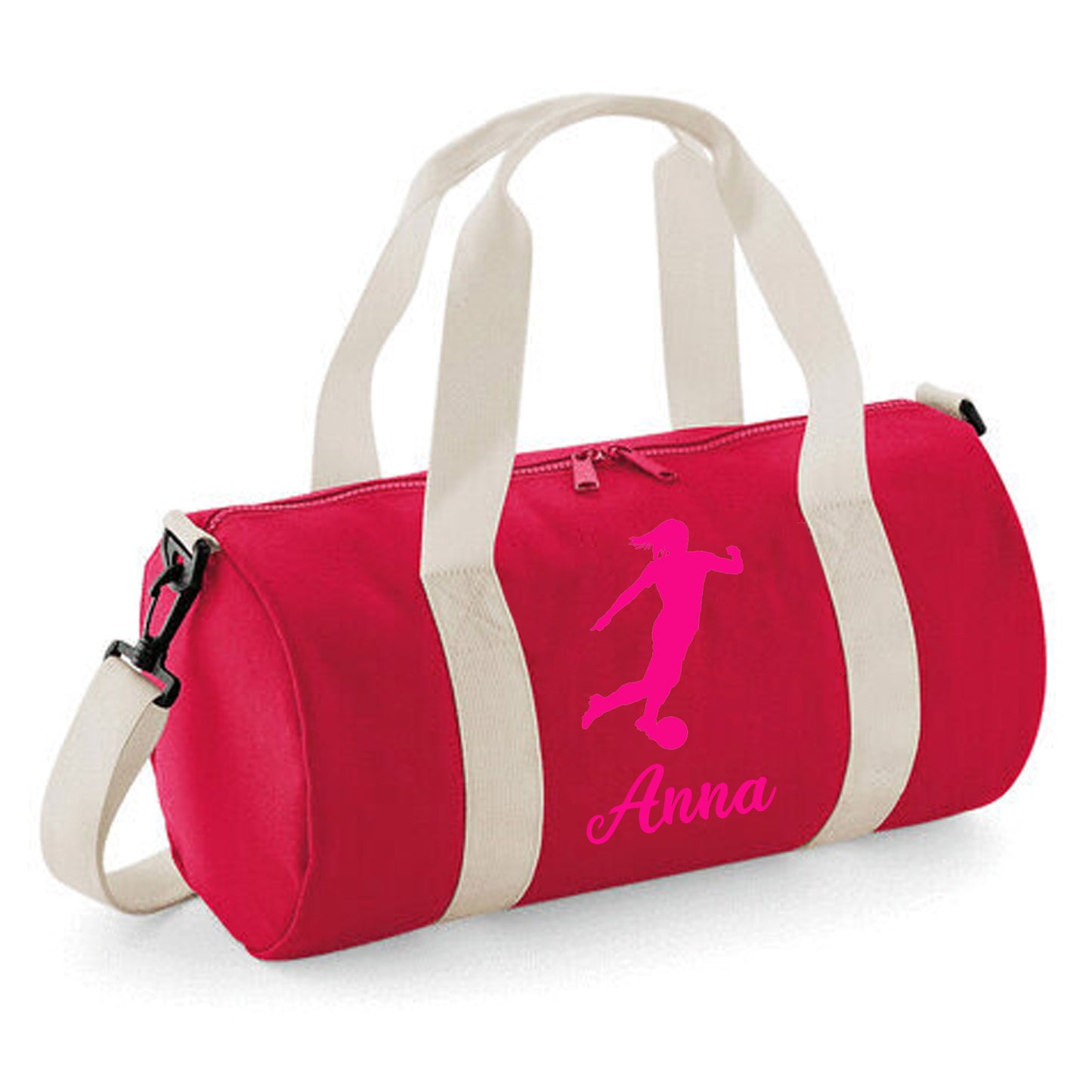 Personalised Female Footballer Barrel Bag with Girls Name