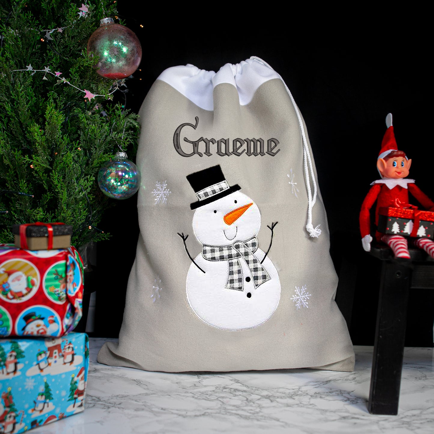 Personalised Embroidered Large Grey Christmas Design Sack - Always Looking Good - Snowman