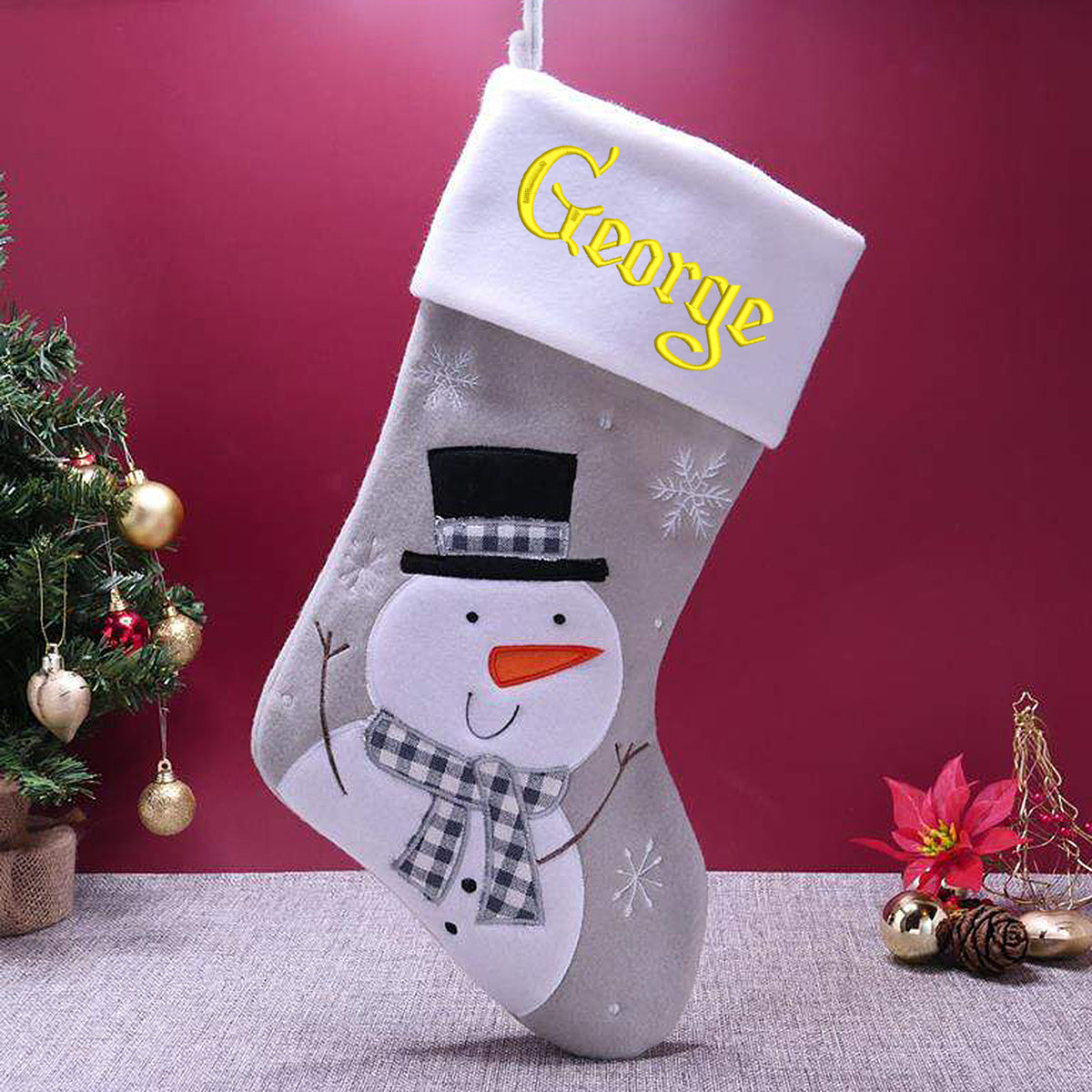 Personalised Embroidered Grey Christmas Santa Stocking with Name - Always Looking Good - Snowman