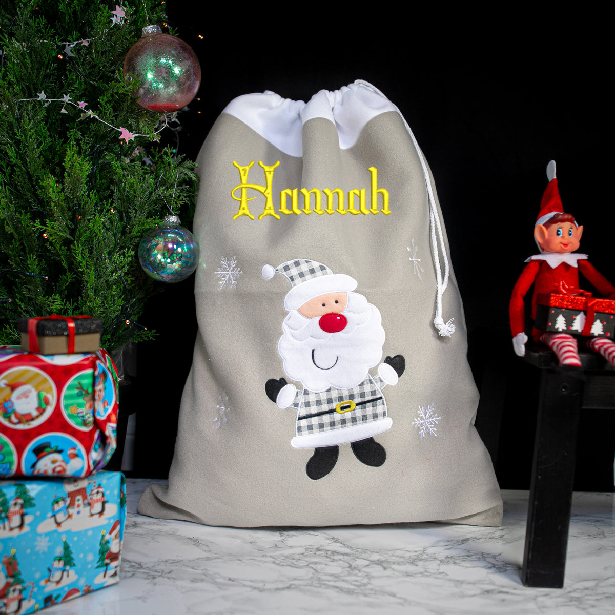 Personalised Embroidered Large Grey Christmas Design Sack - Always Looking Good -