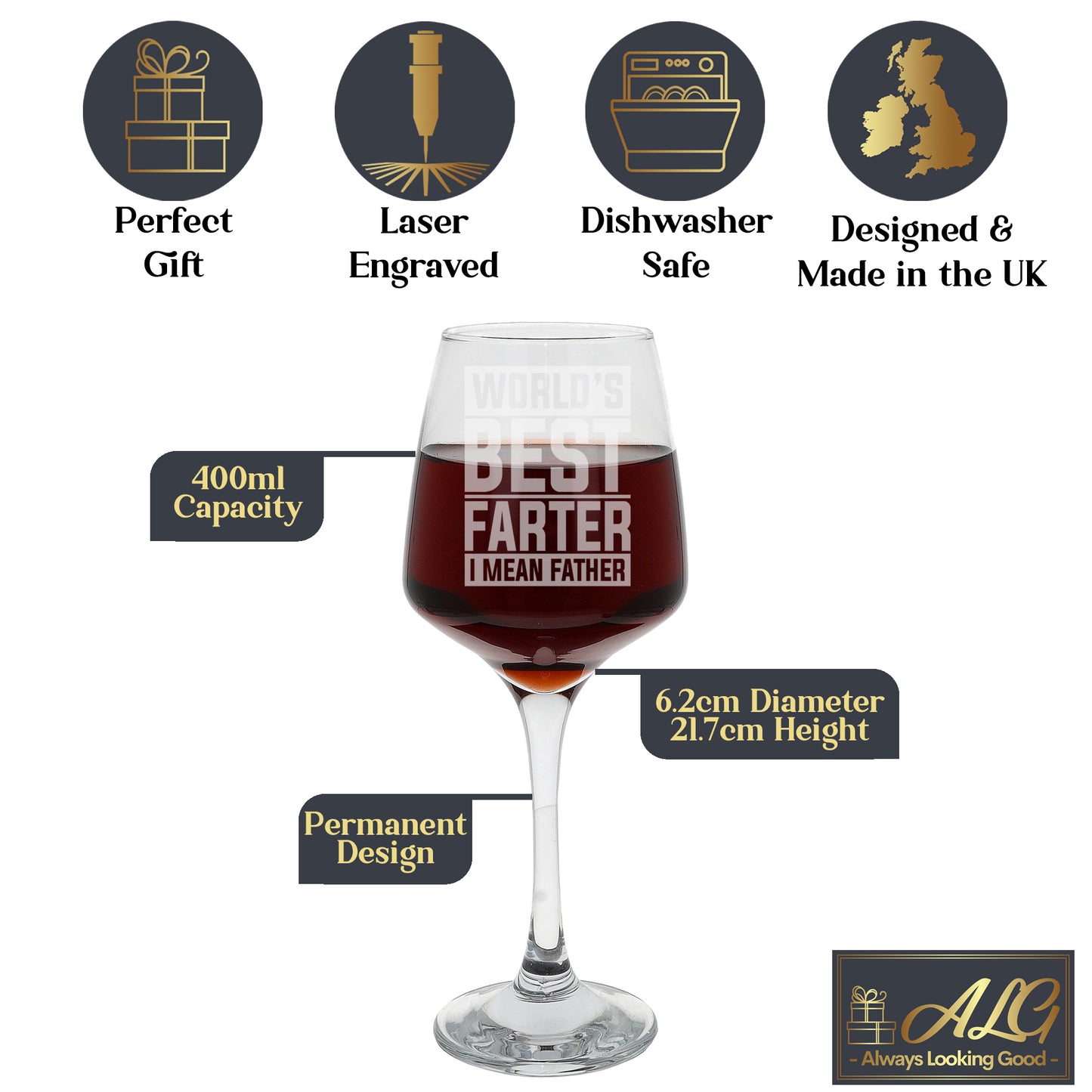 "Worlds Best Farter I Mean Father" Novelty Engraved Wine Glass and/or Coaster Set  - Always Looking Good -   