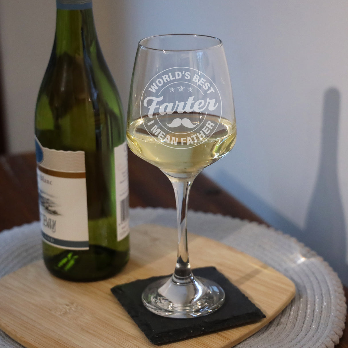 "Worlds Best Farter I Mean Father" Novelty Engraved Wine Glass and/or Coaster Set - Always Looking Good -