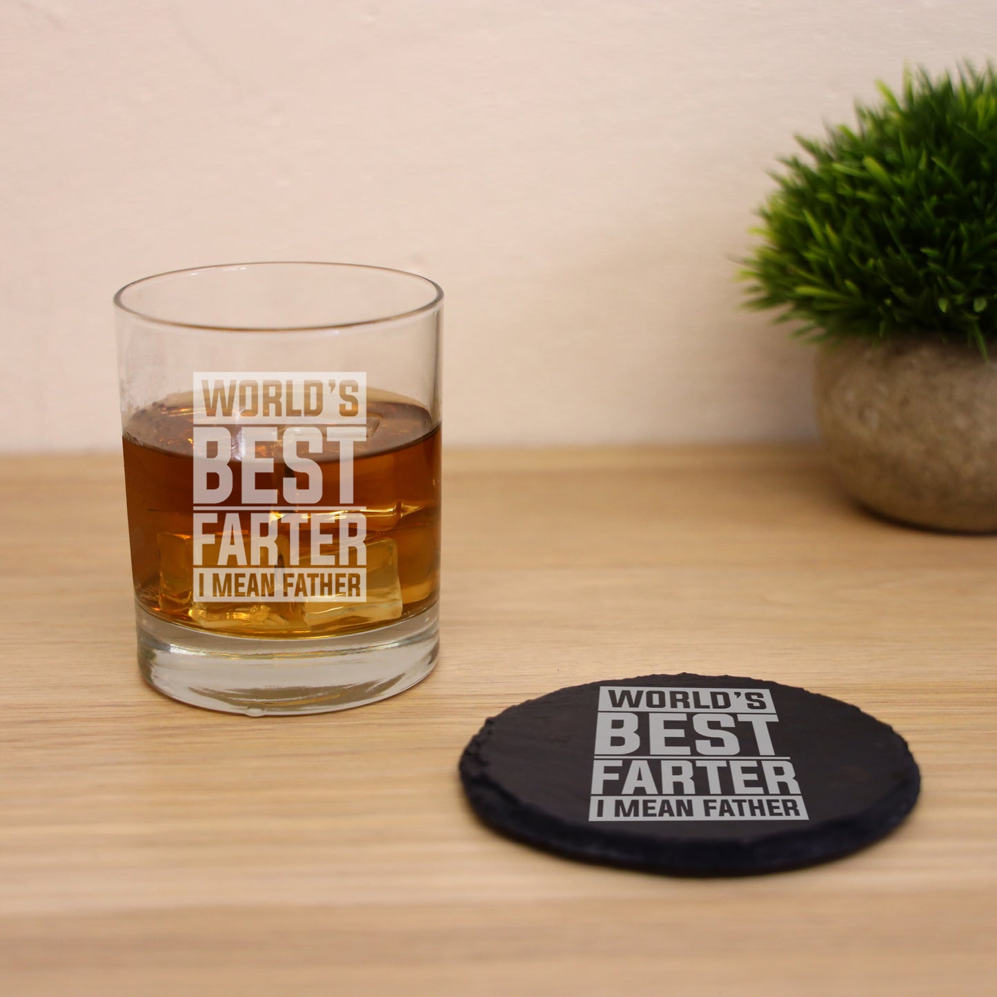 "Worlds Best Farter I Mean Father" Novelty Engraved Whisky Glass and/or Coaster Set  - Always Looking Good -   