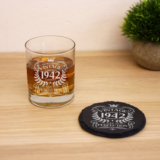 Vintage Any Year All Ages Engraved Birthday Whisky Glass and/or Coaster Set  - Always Looking Good -