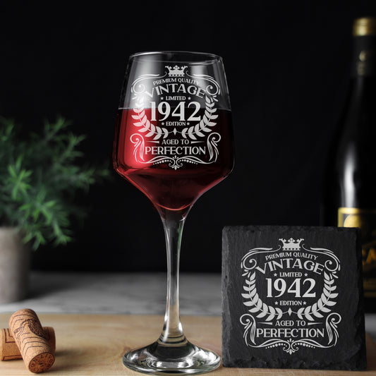 Vintage Any Year Birthday All Ages Engraved Wine Glass and/or Coaster Set  - Always Looking Good -   