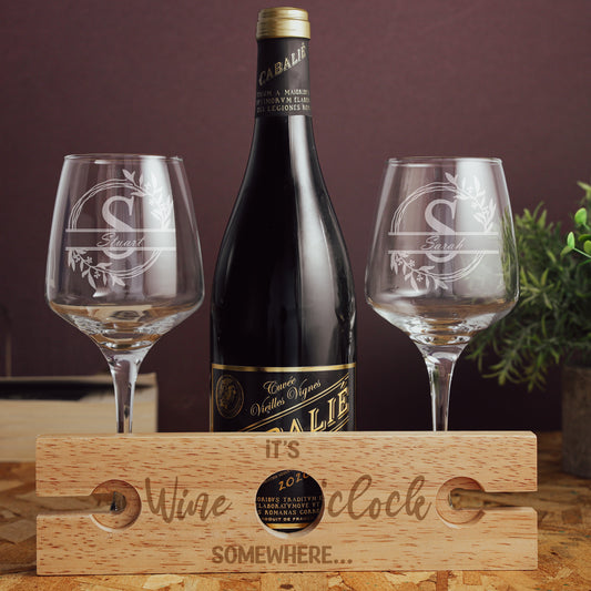 Engraved Personalised "Wine O'Clock" Wooden 2 or 4 Wine Glass Butler Caddy  - Always Looking Good -   