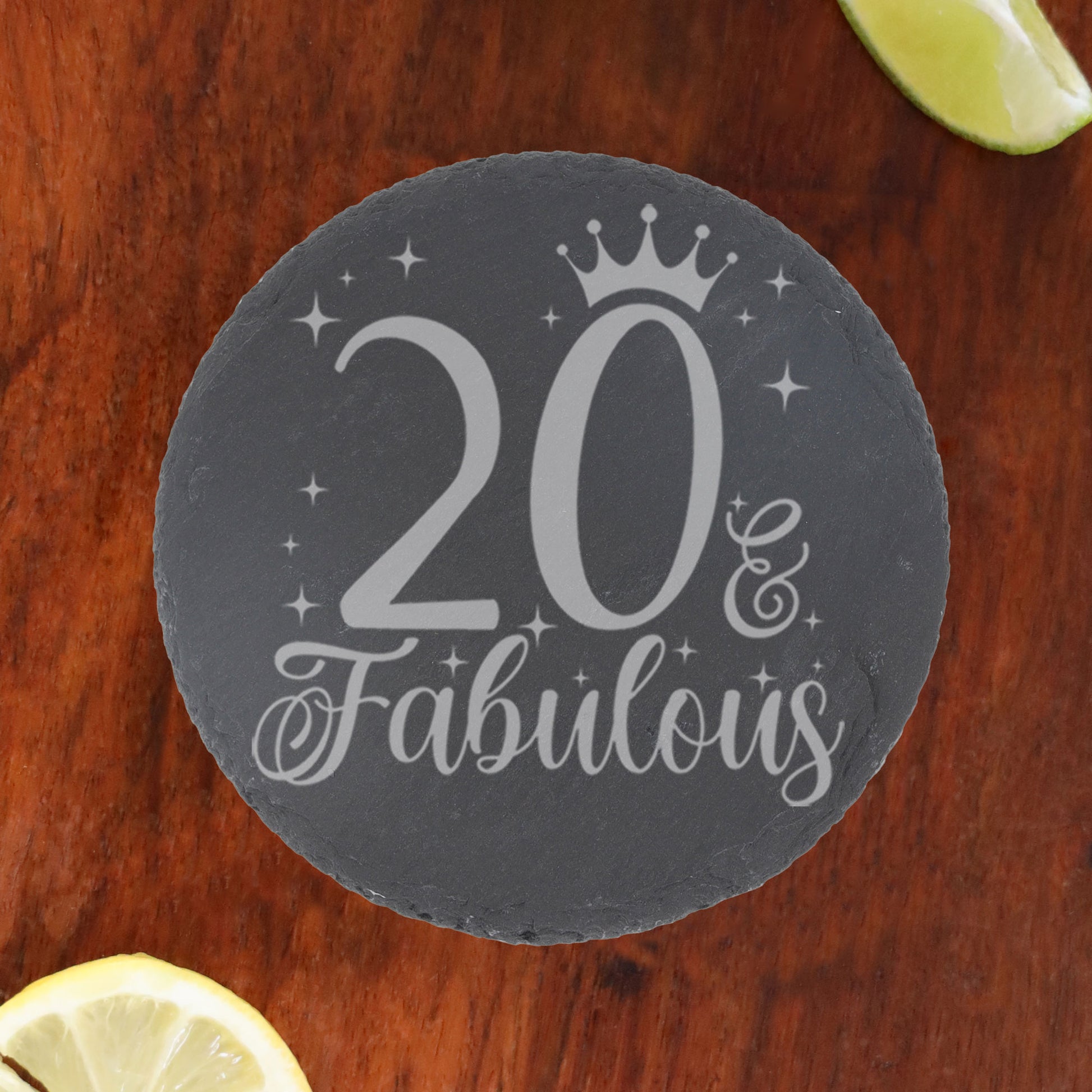 20 & Fabulous 20th Birthday Gift Engraved Wine Glass and/or Coaster Set  - Always Looking Good - Round Coaster Only  
