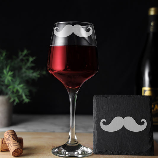 Funny Engraved Wine Glass Moustache Glass and/or Coaster Gift  - Always Looking Good -
