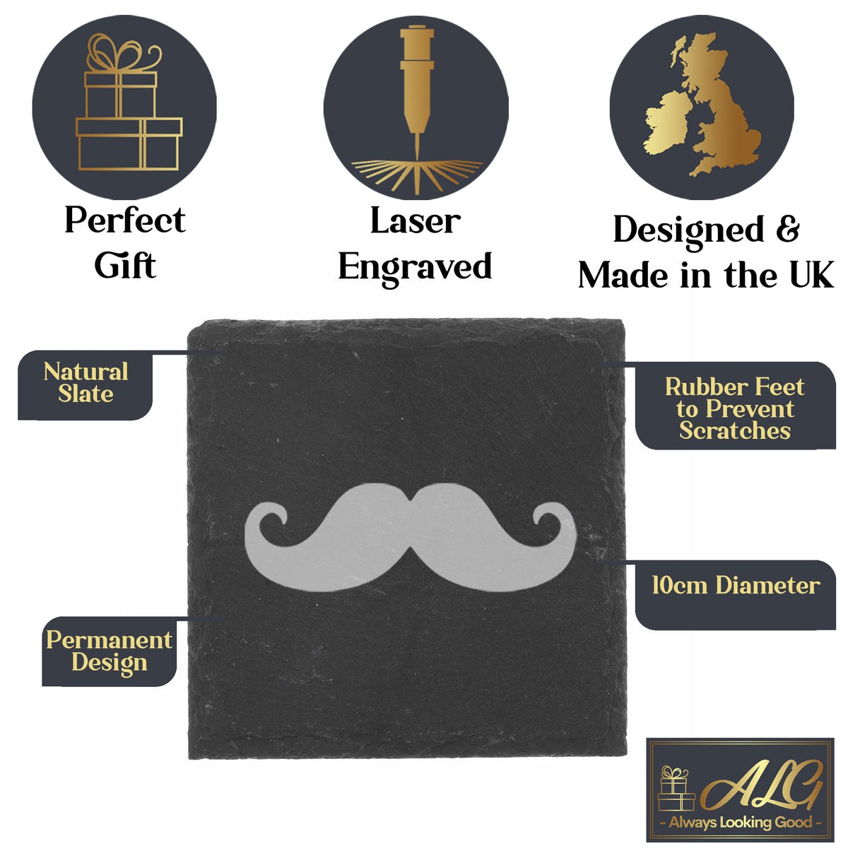 Funny Gift for Men Moustache Engraved Whisky Glass and/or Coaster Set - Always Looking Good -