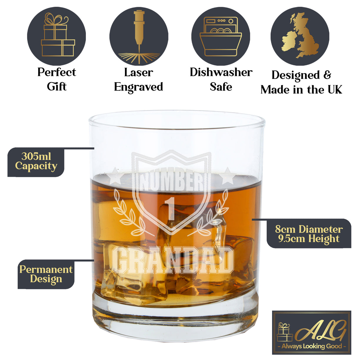 Engraved "Number 1 Grandad" Whisky Glass and/or Coaster Set - Always Looking Good -