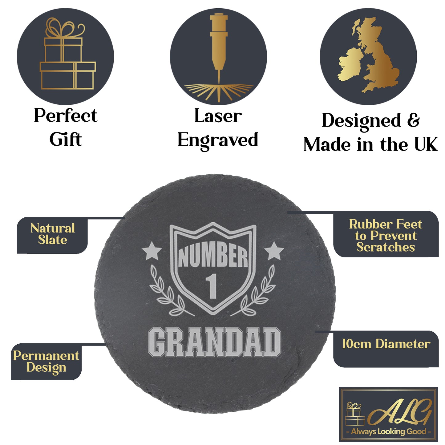 Engraved "Number 1 Grandad" Wine Glass and/or Coaster Set  - Always Looking Good -   