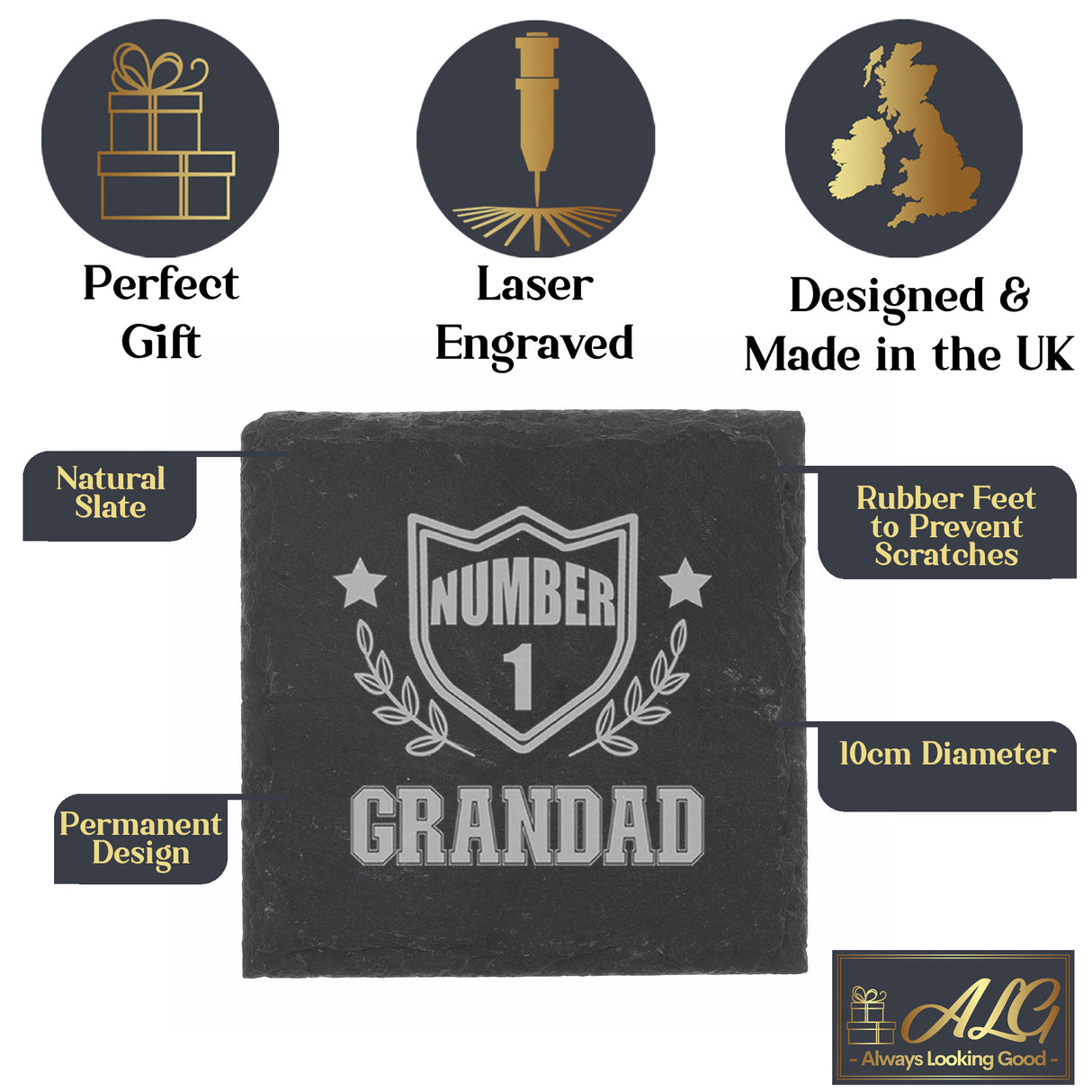 Engraved "Number 1 Grandad" Whisky Glass and/or Coaster Set - Always Looking Good -
