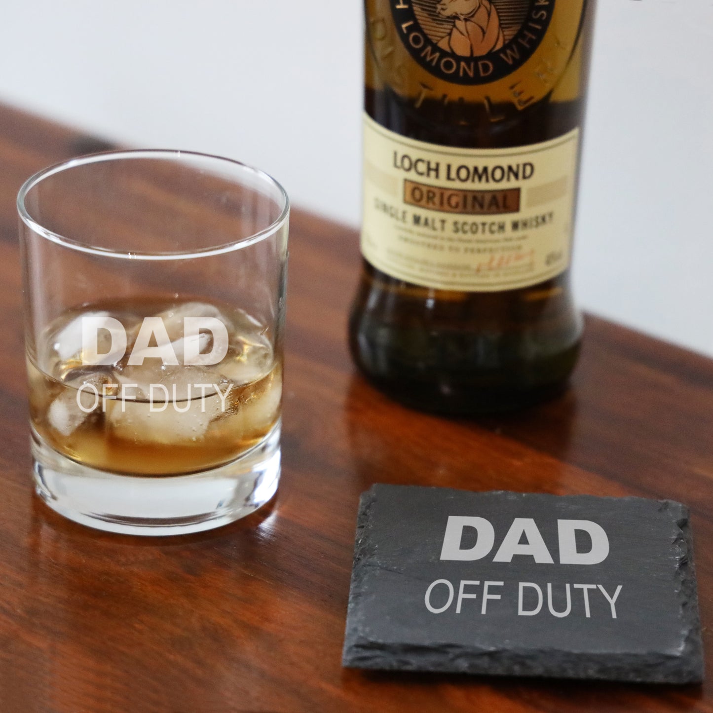 Engraved "Dad Off Duty" Novelty Whisky Glass and/or Coaster Set  - Always Looking Good - Glass & Square Coaster  