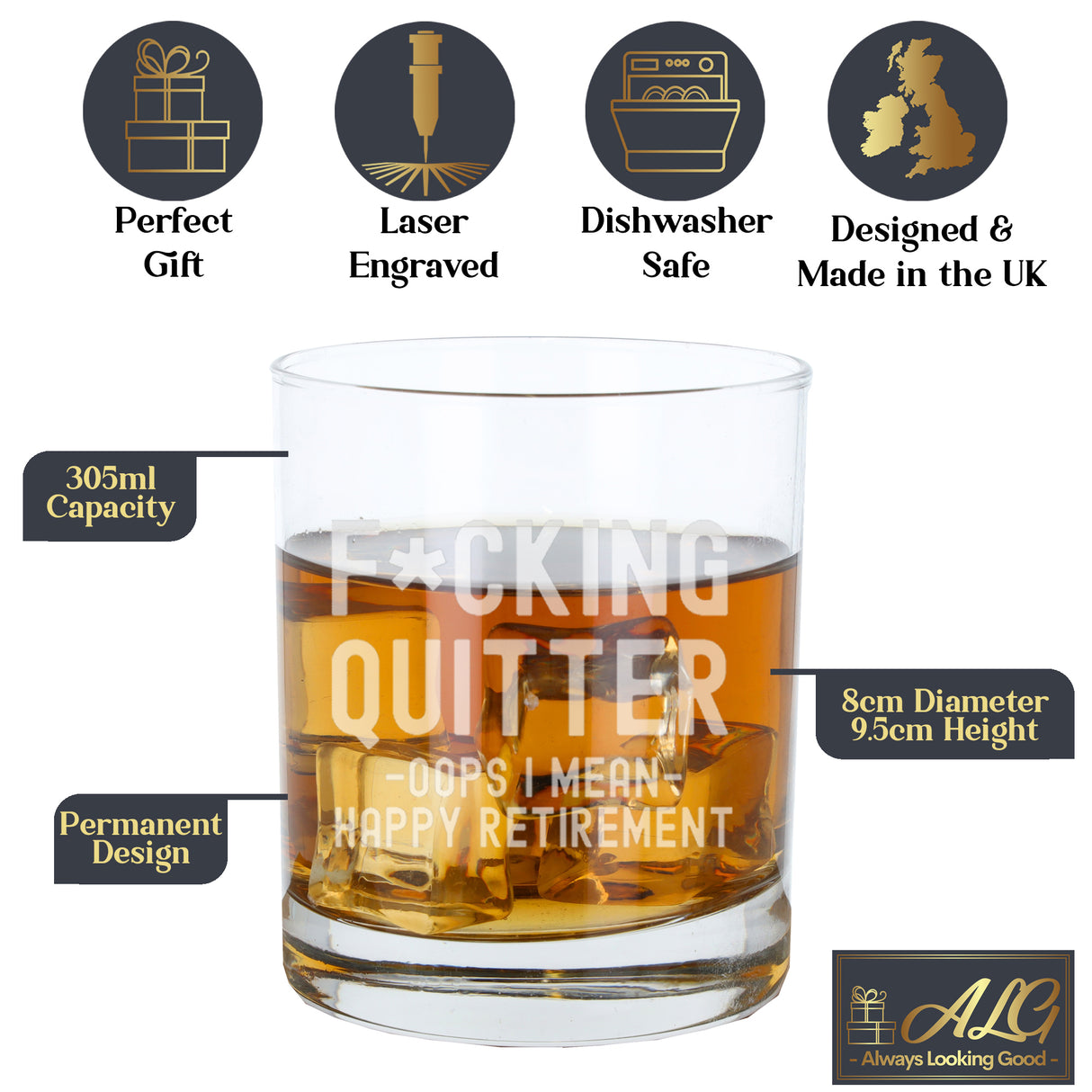 Engraved Funny "F*cking Quitter, Oops I mean Happy Retirement" Whisky Retirement Glass and/or Coaster Novelty Gift - Always Looking Good -