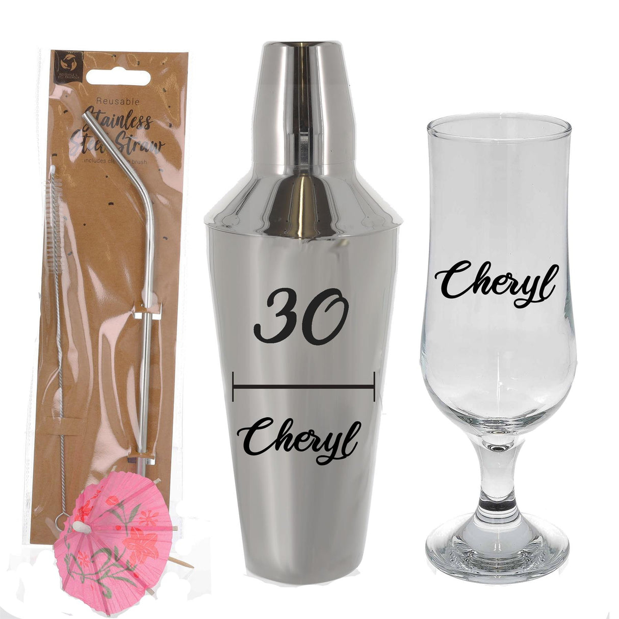 Personalised 30th Birthday Cocktail Shaker & Pina Colada Glass Gift Set - Always Looking Good -
