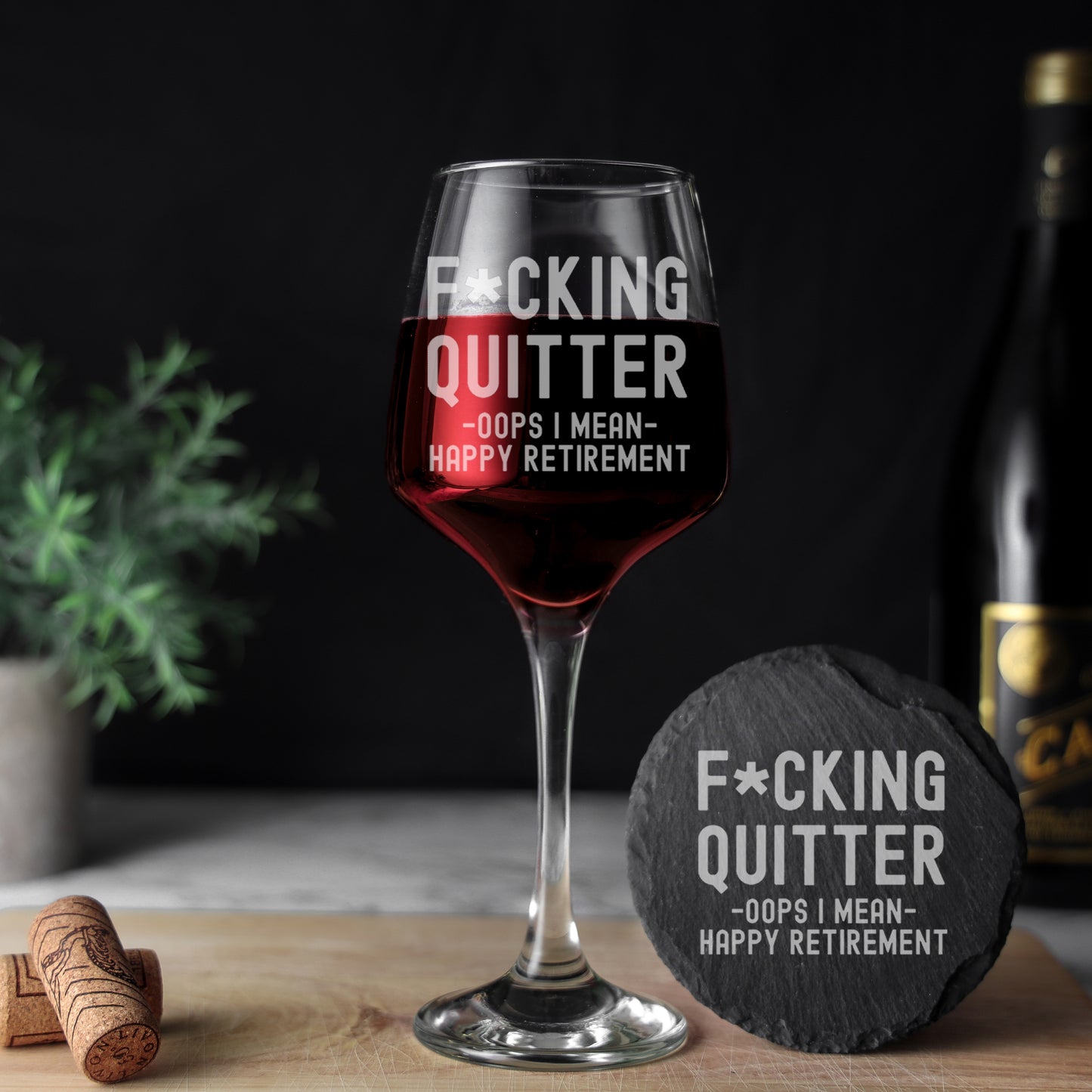 Engraved Funny "F*cking Quitter, Oops I mean Happy Retirement" Wine Glass and/or Coaster Novelty Gift  - Always Looking Good -   