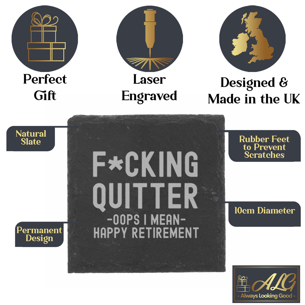 Engraved Funny "F*cking Quitter, Oops I mean Happy Retirement" Wine Glass and/or Coaster Novelty Gift - Always Looking Good -