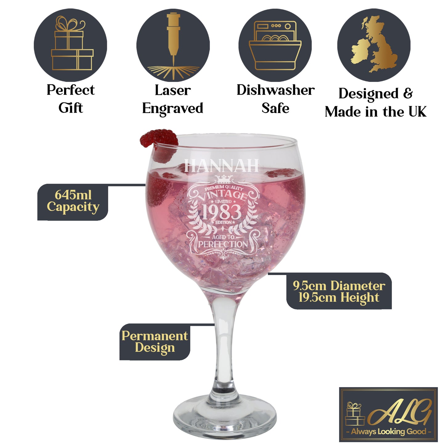 Personalised Engraved Vintage Birthday Design Glass and/or Coaster Gift  - Always Looking Good - Balloon Gin Glass Glass Only