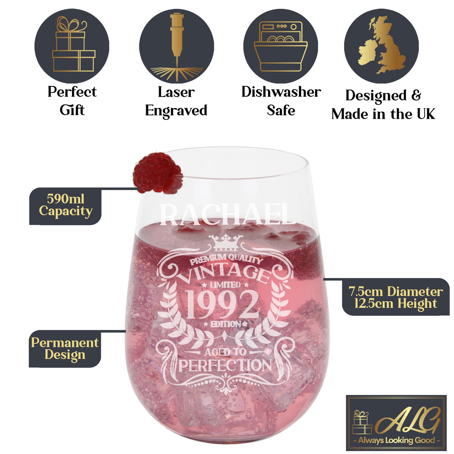 Personalised Engraved Vintage Birthday Design Glass and/or Coaster Gift  - Always Looking Good - Stemless Gin Glass Glass Only