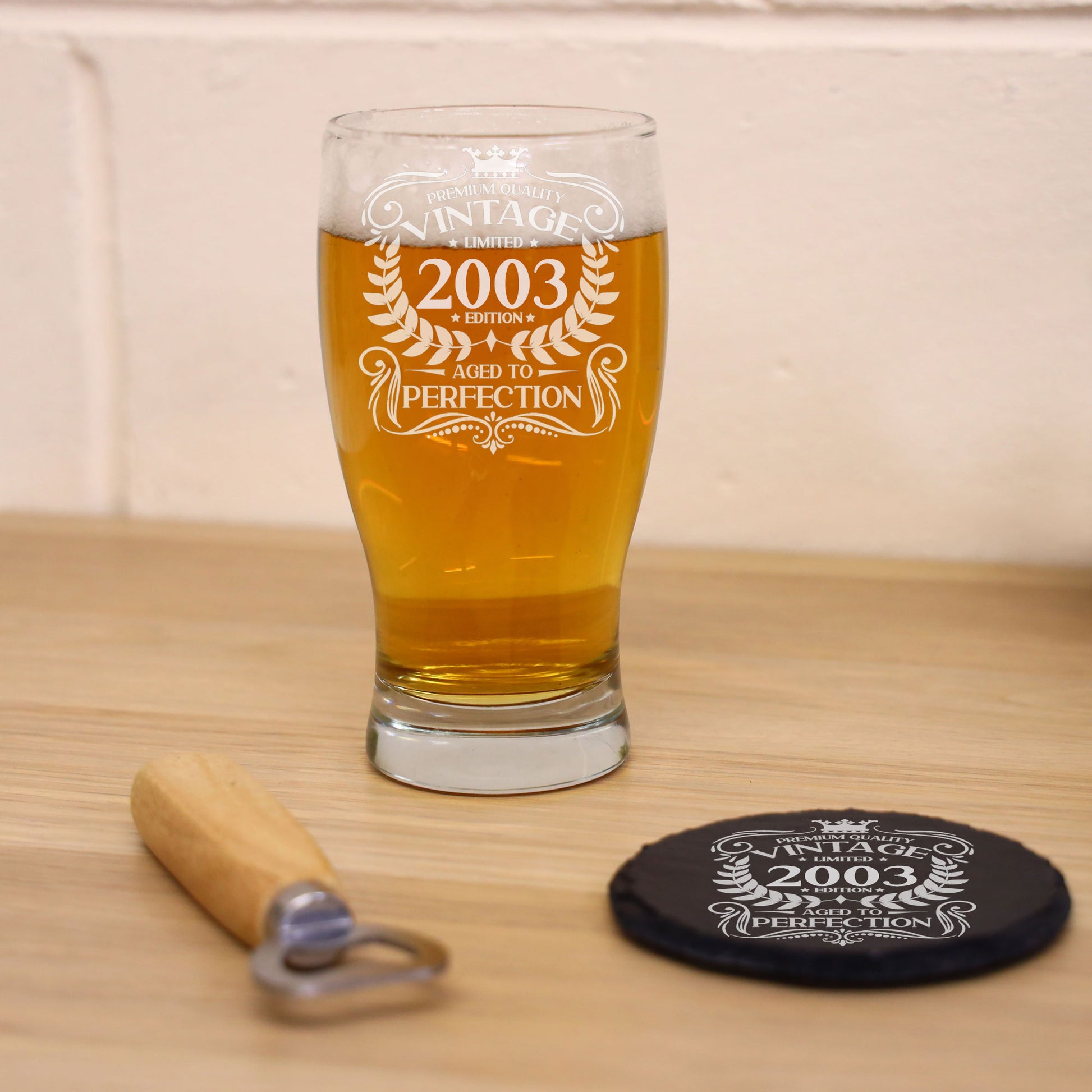 Vintage 2003 20th Birthday Engraved Beer Pint Glass Gift  - Always Looking Good - Glass & Round Coaster  