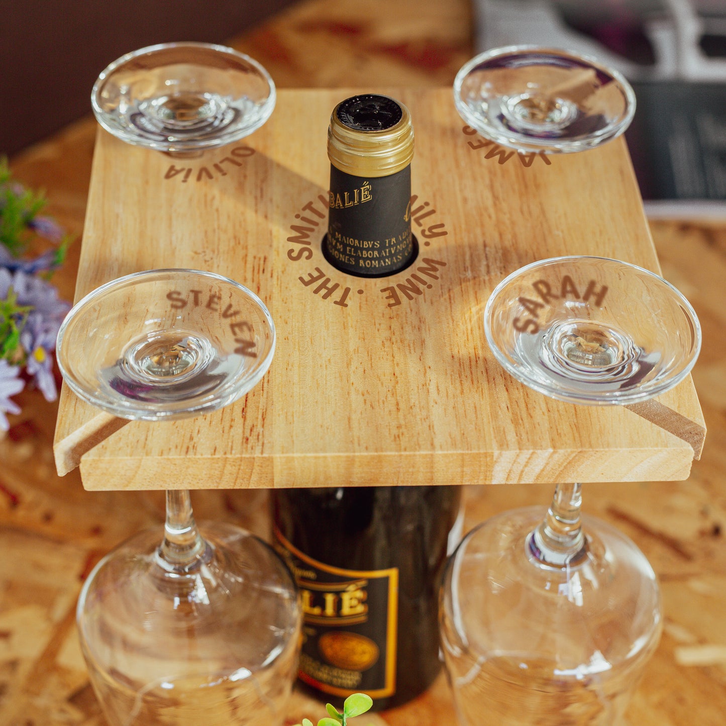 Engraved Personalised Wooden 4 Wine Glass Butler Caddy With Names  - Always Looking Good -   