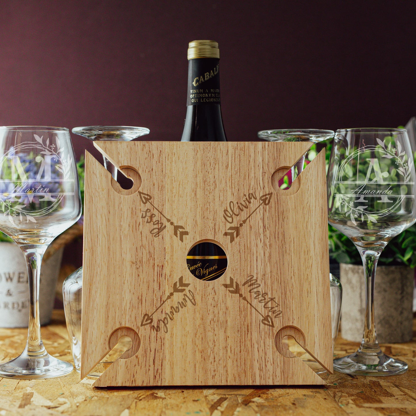 Engraved Personalised Wooden 4 Wine Glass Butler Caddy With Names  - Always Looking Good -   