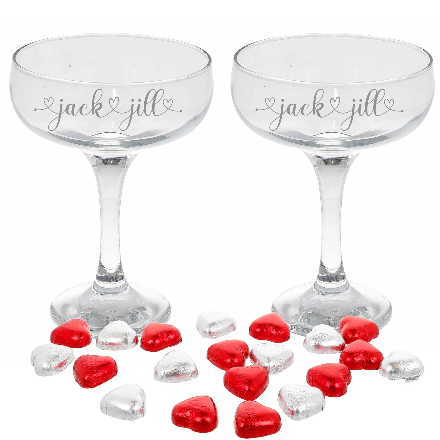 Personalised Engraved Heart and Name Champagne Saucer - Always Looking Good - Two Glasses - Chocolate Hearts