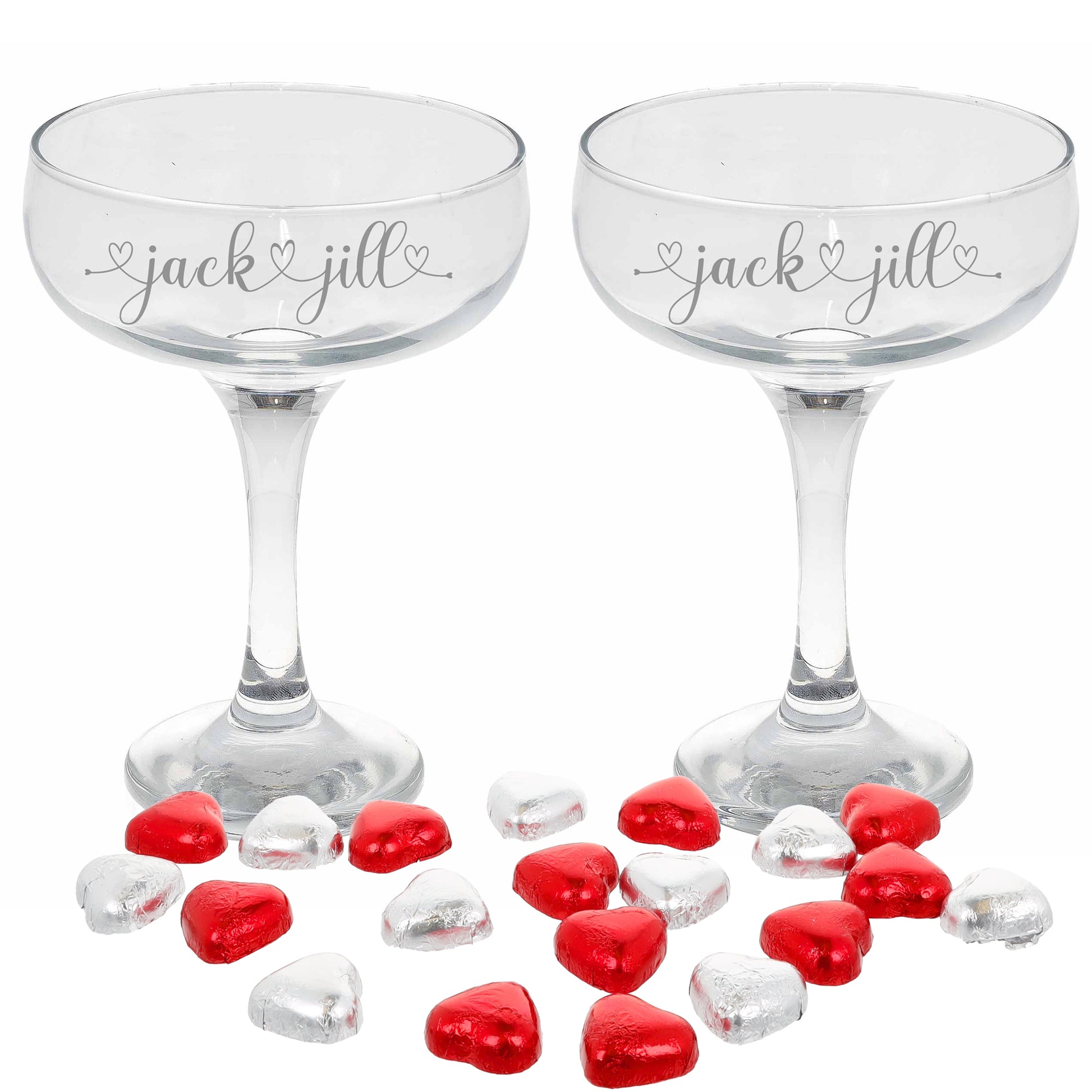 Personalised Engraved Heart and Name Champagne Saucer  - Always Looking Good - Two Glasses - Chocolate Hearts  