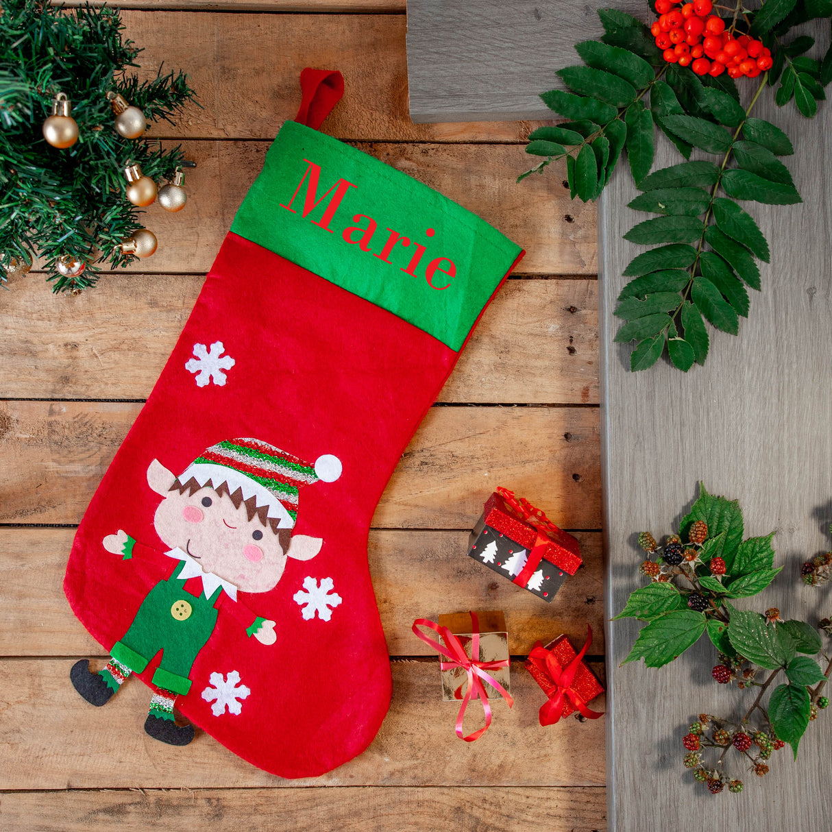 Embroidered Personalised Christmas Stocking With Santa Or Elf Design - Always Looking Good -