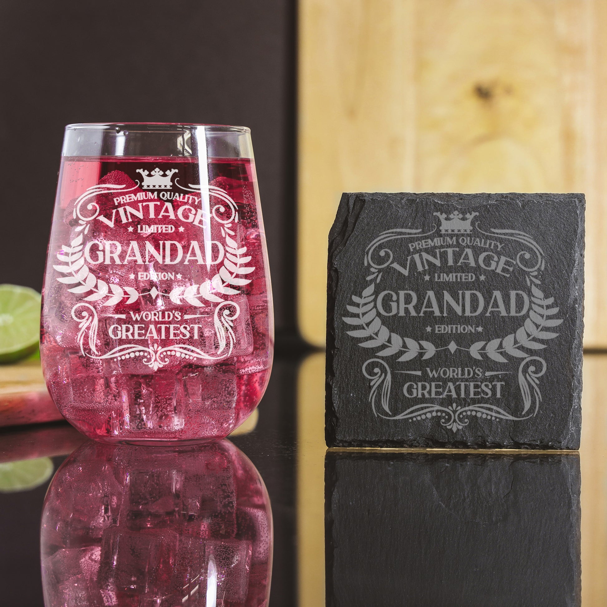 Vintage World's Greatest Grandad Engraved Stemless Gin Glass Gift  - Always Looking Good - Glass & Square Coaster  