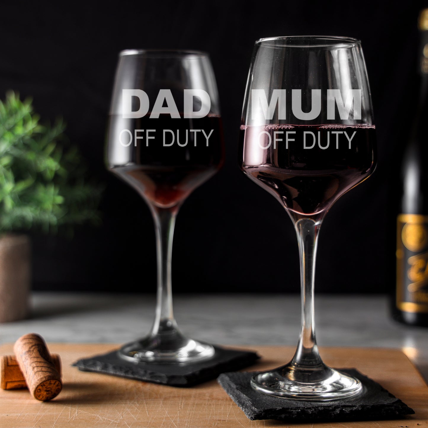 Engraved Matching "Mum and Dad Off Duty" Novelty Wine Glass and/or Coaster Set  - Always Looking Good -   