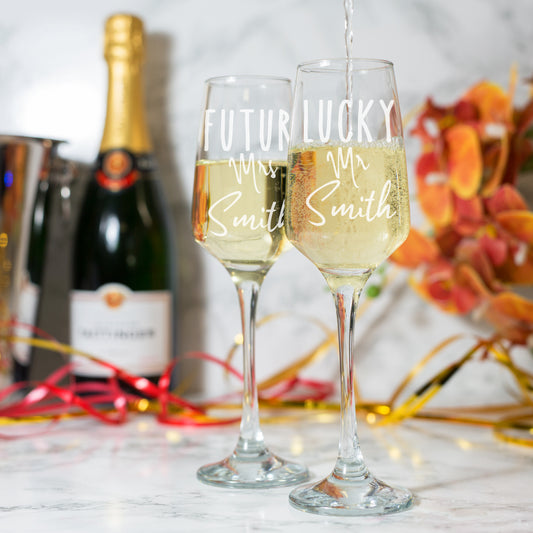 Personalised Engraved Future Mrs/Lucky Mr Champagne Glass Set  - Always Looking Good -