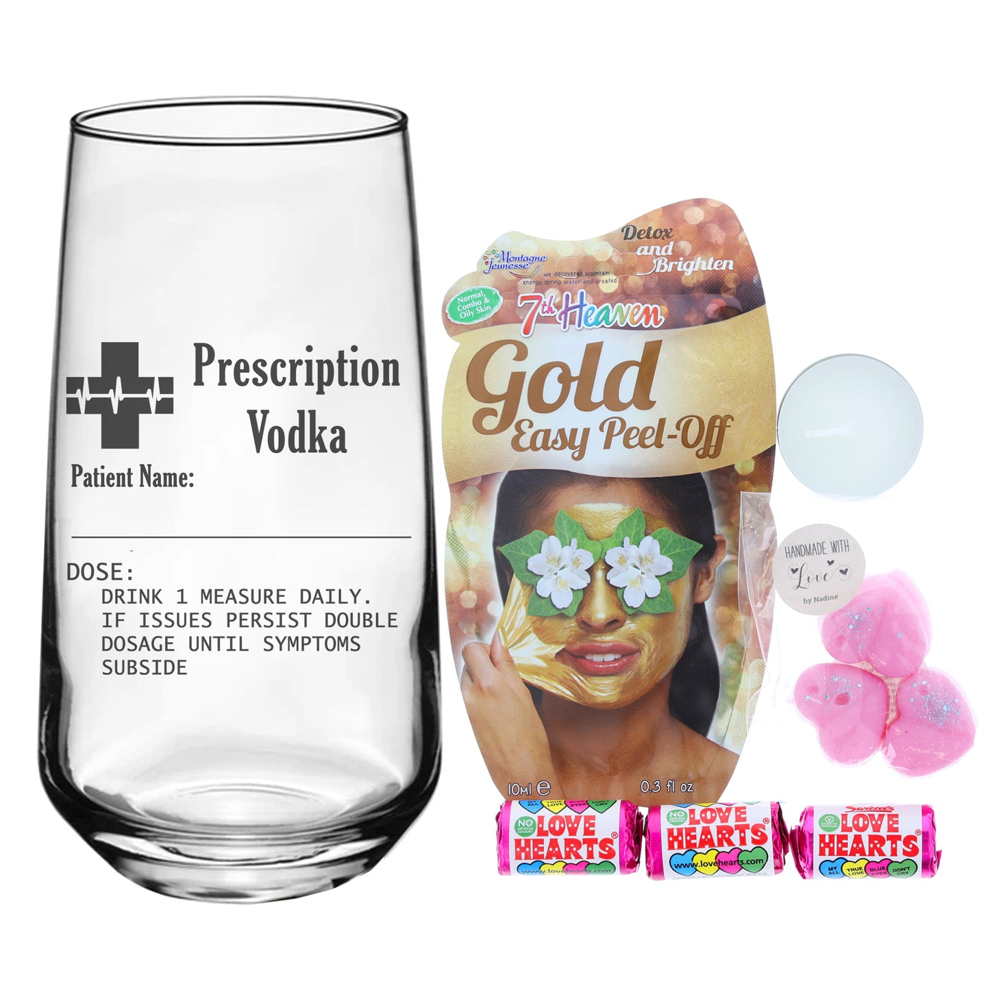Personalised Engraved Prescription Vodka Glass with any Name - Always Looking Good - Filled with Ladies Pamper Products Large Tallo