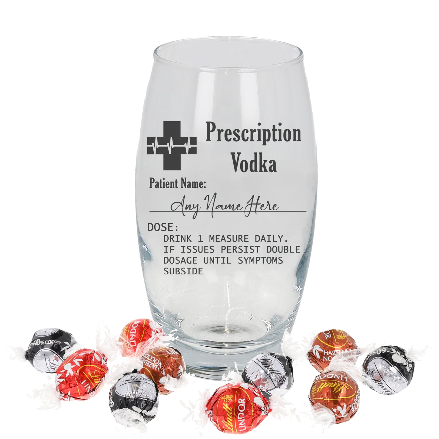 Personalised Engraved Prescription Vodka Glass with any Name  - Always Looking Good - Filled with Lindt Chocolates Large Tondo 