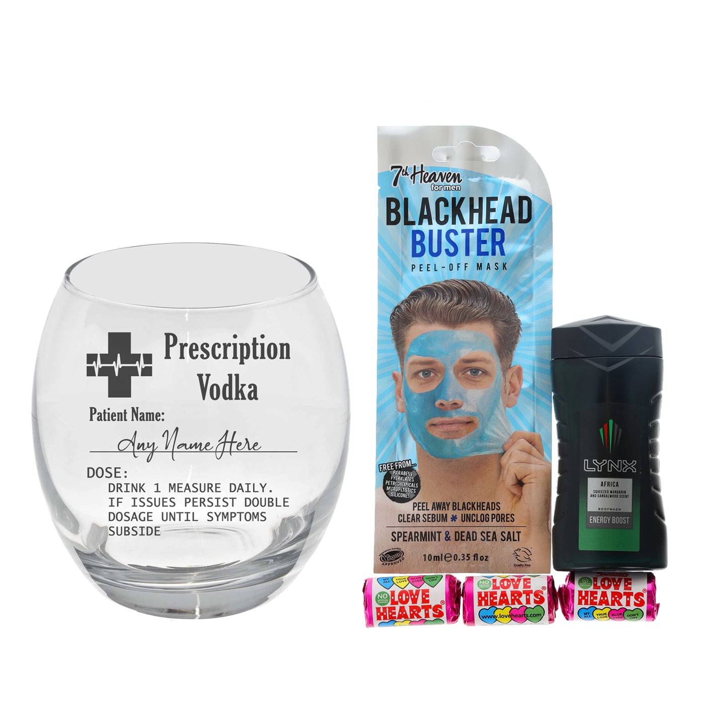 Personalised Engraved Prescription Vodka Glass with any Name - Always Looking Good - Filled with Mens Pamper Products Small Tondo
