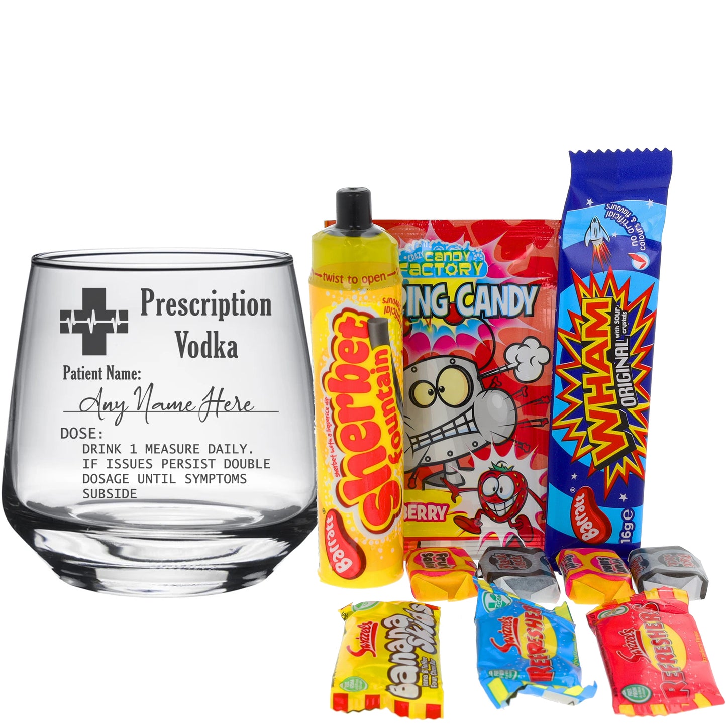Personalised Engraved Prescription Vodka Glass with any Name - Always Looking Good - Filled with Retro Sweets Small Tallo