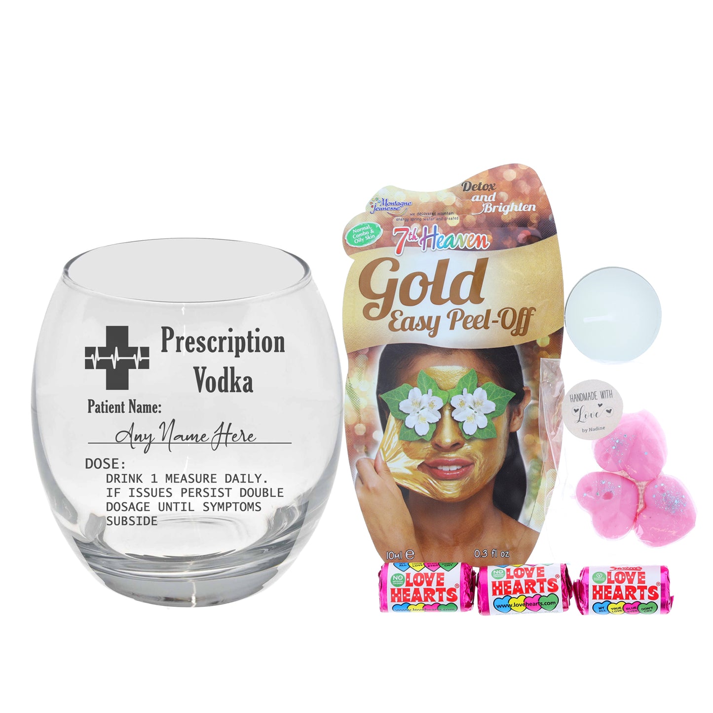 Personalised Engraved Prescription Vodka Glass with any Name - Always Looking Good - Filled with Ladies Pamper Products Small Tondo