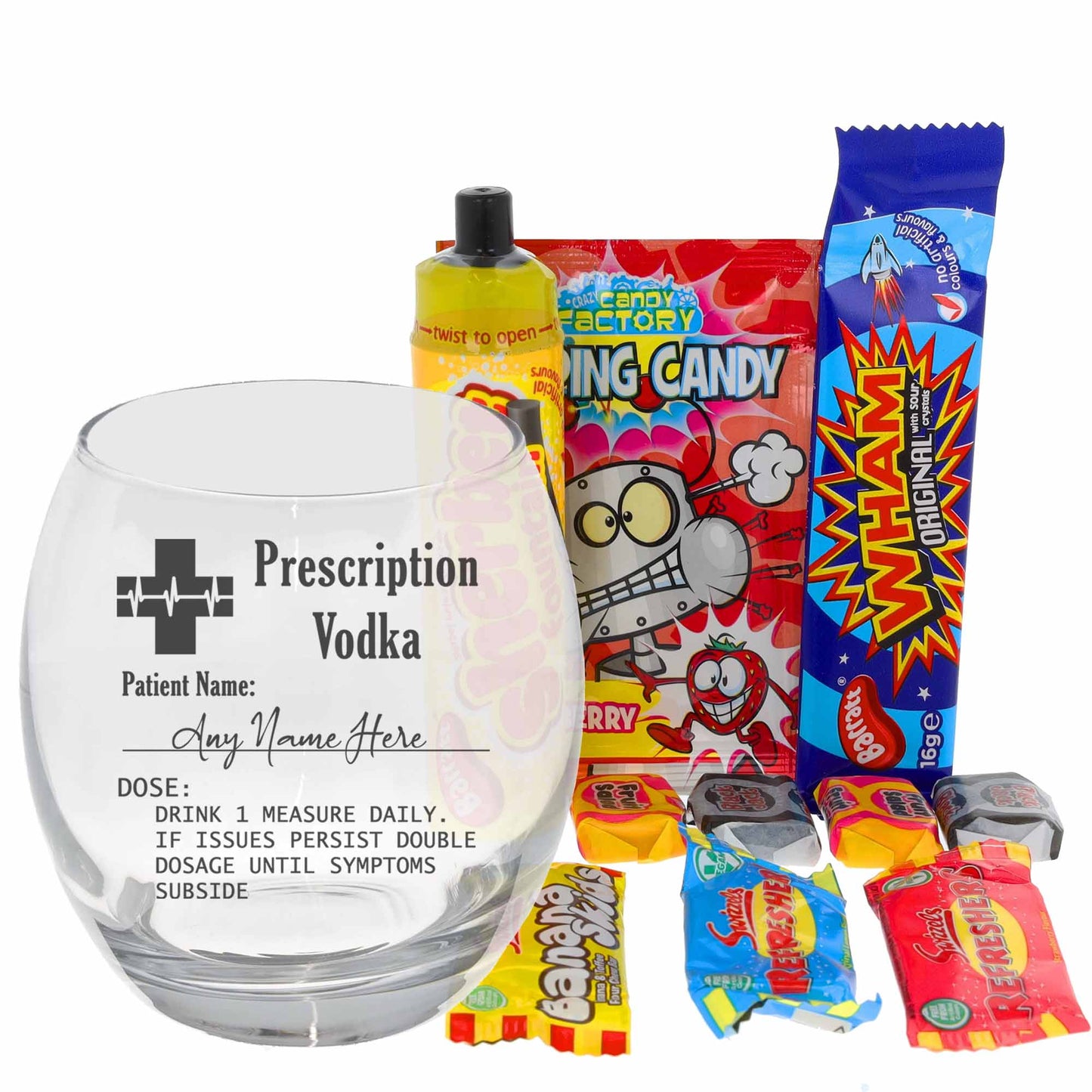 Personalised Engraved Prescription Vodka Glass with any Name  - Always Looking Good - Filled with Retro Sweets Small Tondo 
