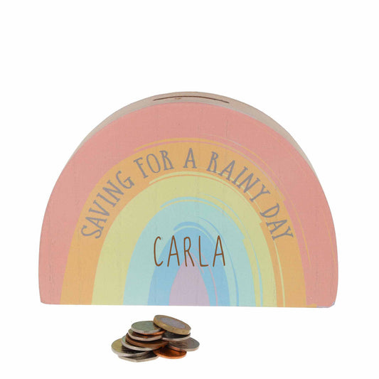 Personalised Engraved Rainbow Shaped Money Box Saving For A Rainy Day Childs Piggy Bank - Always Looking Good -