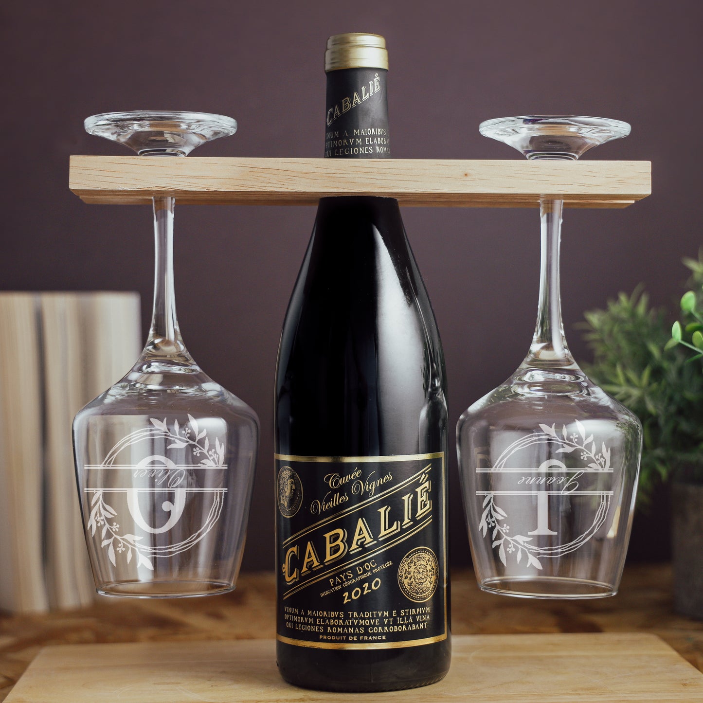 Engraved Personalised Wooden 2 Wine Glass Butler Caddy With Names - Always Looking Good -