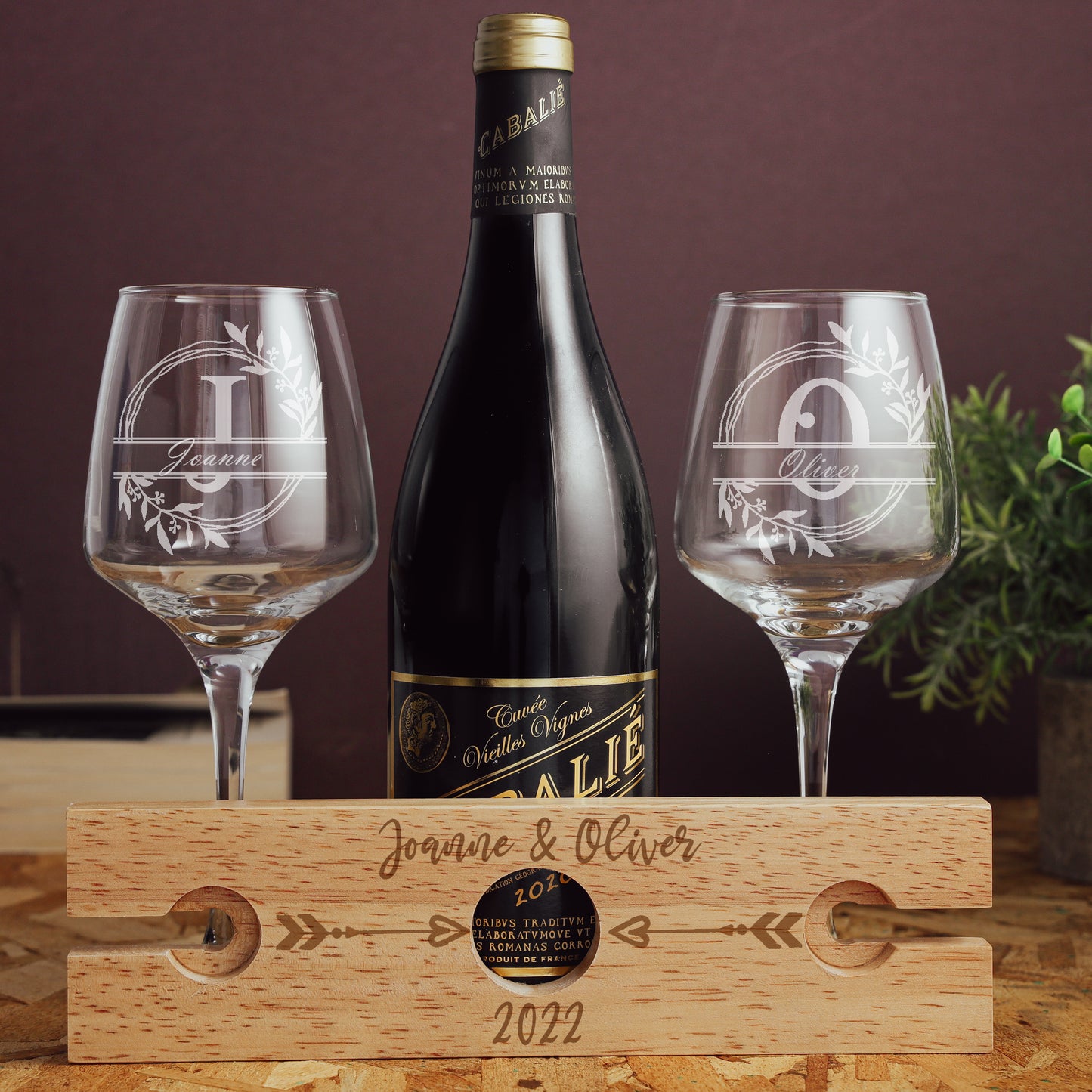Engraved Personalised Wooden 2 Wine Glass Butler Caddy With Names - Always Looking Good -