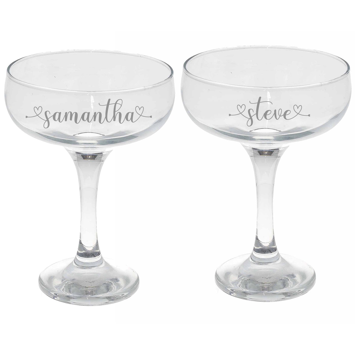 Personalised Engraved Heart and Name Champagne Saucer - Always Looking Good - Two Glasses