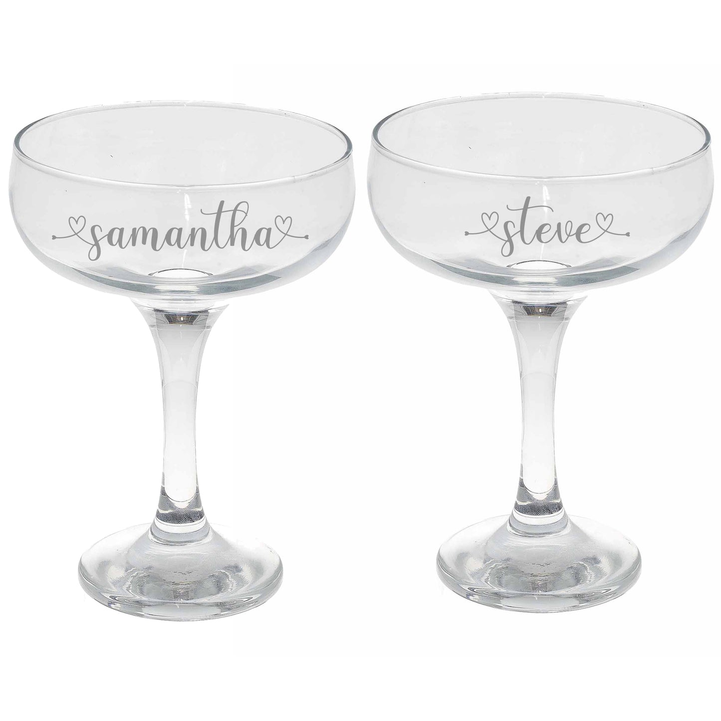 Personalised Engraved Heart and Name Champagne Saucer  - Always Looking Good - Two Glasses  